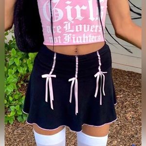 Black Mini Skirt Pink Ribbon Bow Ties & Trim Stretch Fit & Flare Sz S
